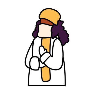 Beyaz arka planda kışlık giysileri olan kadın.