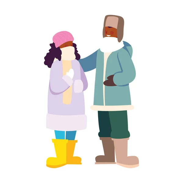 Pareja de personas de pie con ropa de invierno sobre fondo blanco — Vector de stock