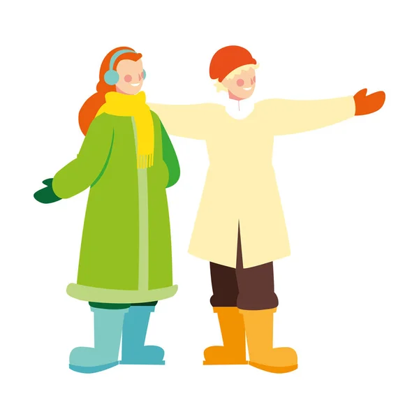 Paar mensen staan met winterkleding op witte achtergrond — Stockvector