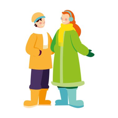 Beyaz arka planda kışlık giysileri olan bir çift insan.