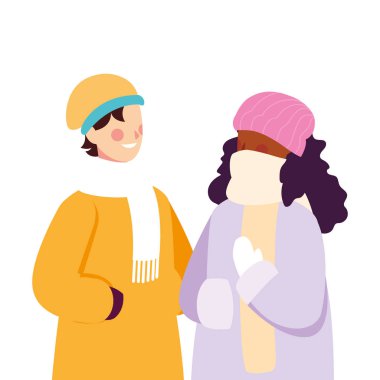 Beyaz arka planda kışlık giysileri olan birkaç kişi.