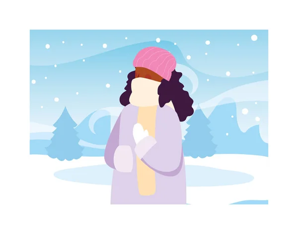 Kvinna med vinterkläder i landskapet med snöfall — Stock vektor