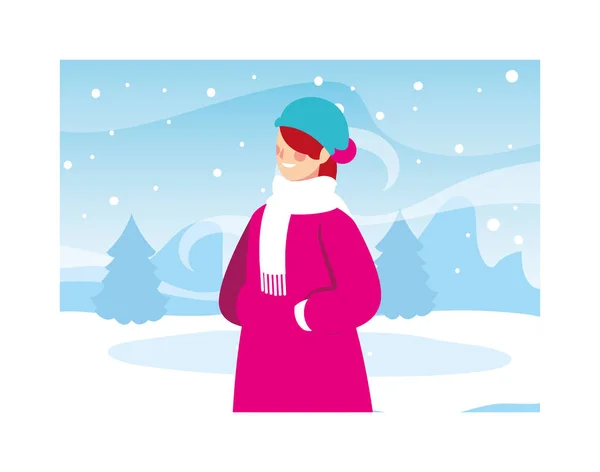 Mujer con ropa de invierno en el paisaje con nevadas — Vector de stock