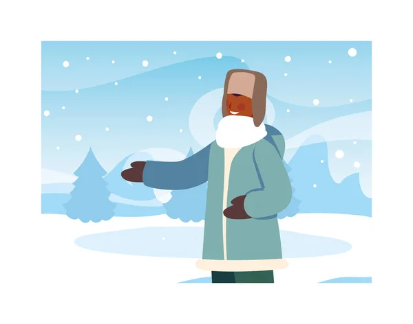 Man with winter clothes in landscape with snowfall — Stock Vector