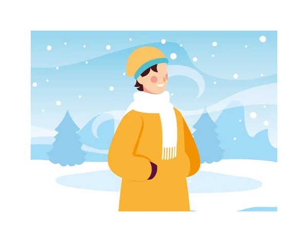 Hombre con ropa de invierno en el paisaje con nevadas — Vector de stock