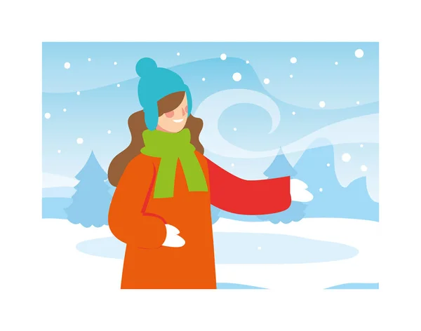 Woman with winter clothes in landscape with snowfall — Stock Vector