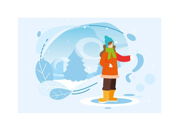 Femme avec des vêtements d'hiver dans le paysage avec des chutes de neige — Image vectorielle