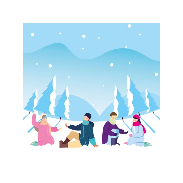 Группа людей в зимней одежде в ландшафте с снегопадом — стоковый вектор