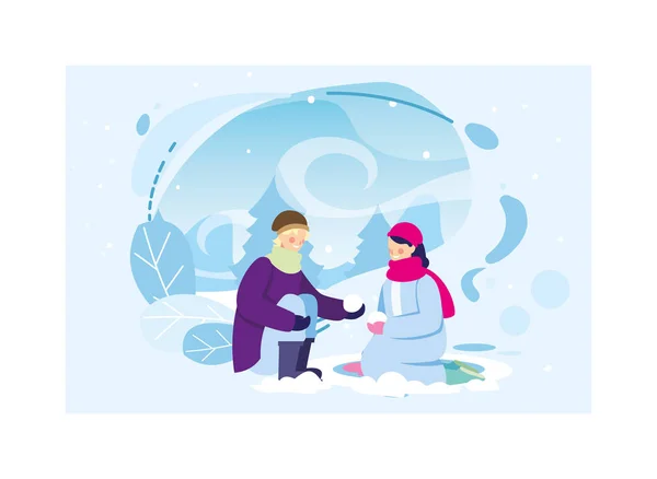 Couple de personnes avec des vêtements d'hiver dans le paysage avec des chutes de neige — Image vectorielle