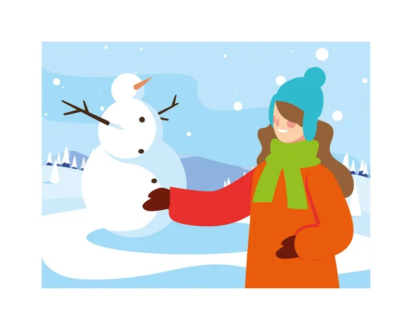Woman with snowman in winter landscape — Stock Vector