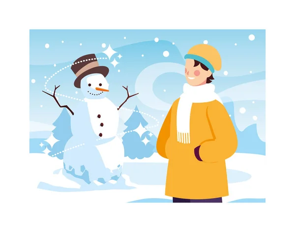 Hombre con muñeco de nieve en el paisaje de invierno — Vector de stock
