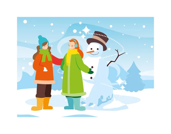Women with snowman in winter landscape — Stock Vector