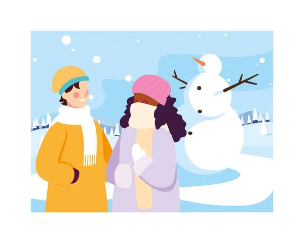 Couple of people with snowman in winter landscape — Stock Vector