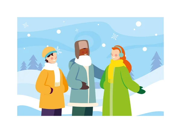 Group of people with winter clothes in landscape with snowfall — Stock Vector