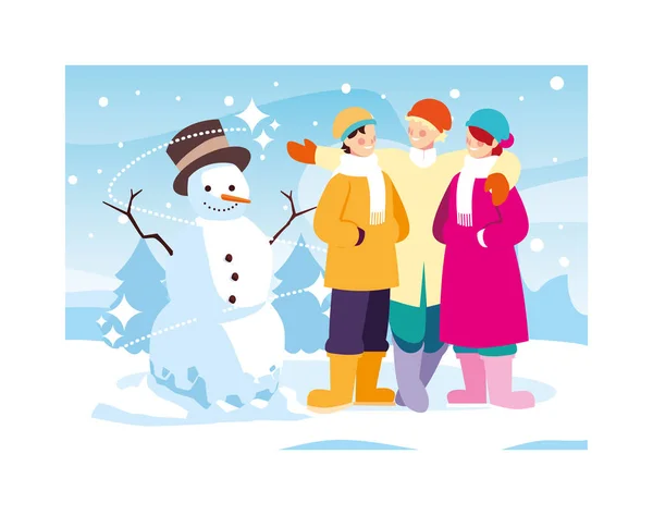 Group of people with snowman in winter landscape — Stock Vector