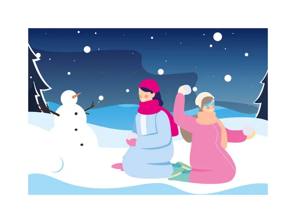 Donne con pupazzo di neve nel paesaggio invernale — Vettoriale Stock