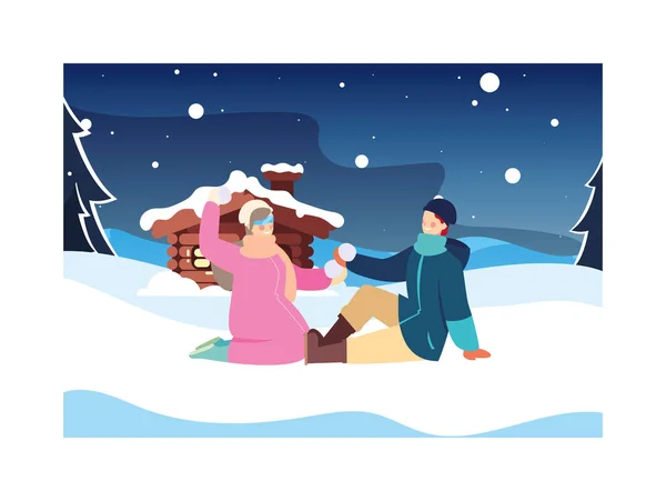 Couple de personnes avec paysage d'hiver et maison de famille — Image vectorielle