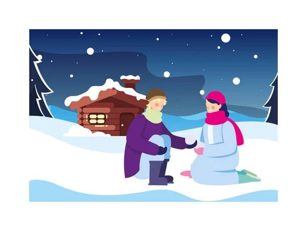 Ζευγάρι των ανθρώπων με το χειμερινό τοπίο και το οικογενειακό σπίτι — Διανυσματικό Αρχείο