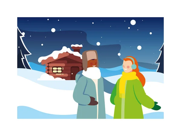 Pareja de personas con paisaje de invierno y casa familiar — Vector de stock