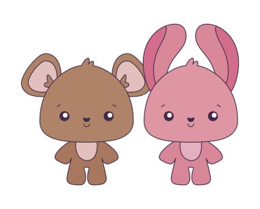Kawaii ayısı ve tavşan çizgi film vektör tasarımı