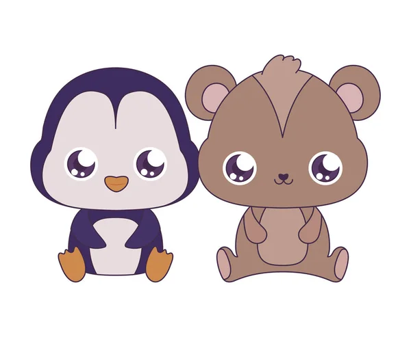Kawaii medvěd a tučňák kreslený vektorový design — Stockový vektor