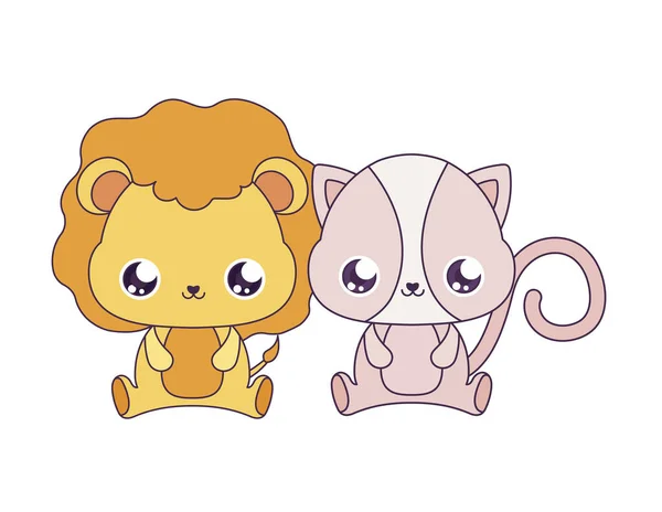 Kawaii gato y león dibujos animados vector de diseño — Vector de stock
