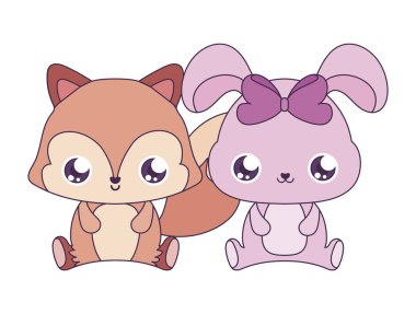 Kawaii tavşanı ve sincap çizgi film tasarımı.