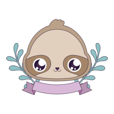 Kawaii tembel hayvan çizgi filmi yapraklı vektör tasarımı