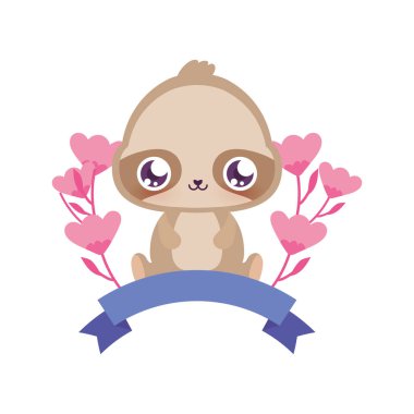 Çiçek vektör tasarımlı şirin tembel hayvan çizgi filmi