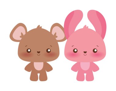 Kawaii tavşan ve ayı çizgi film vektör tasarımı