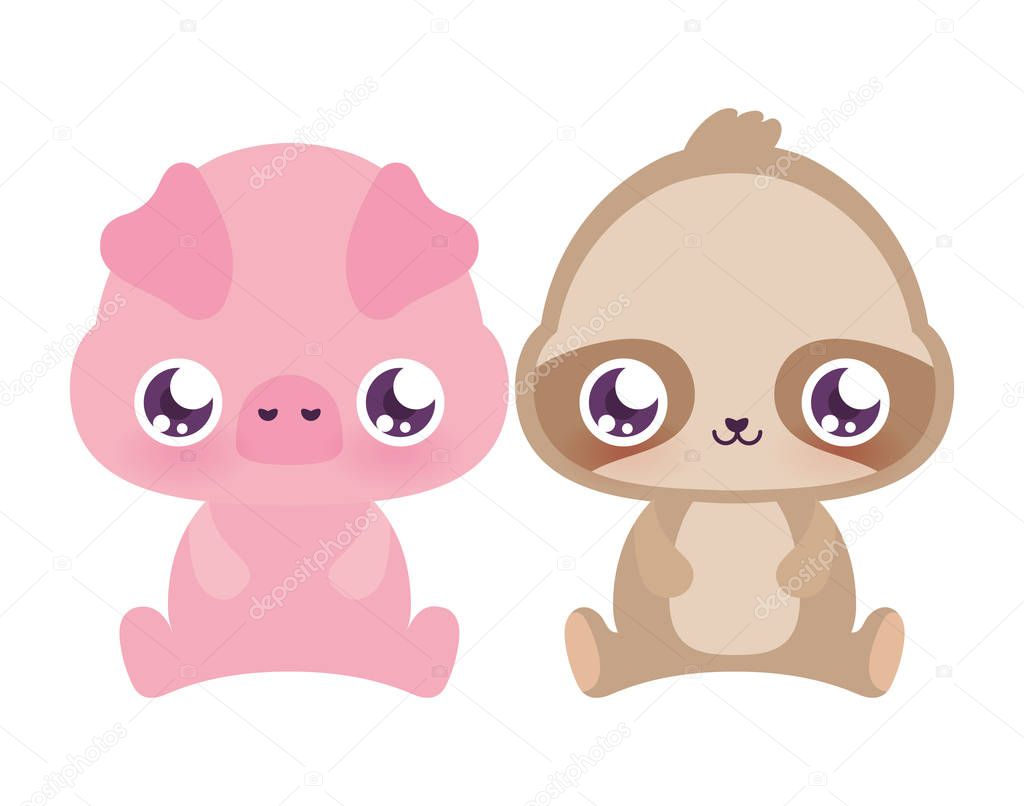 Kawaii pig and sloth cartoons vector design