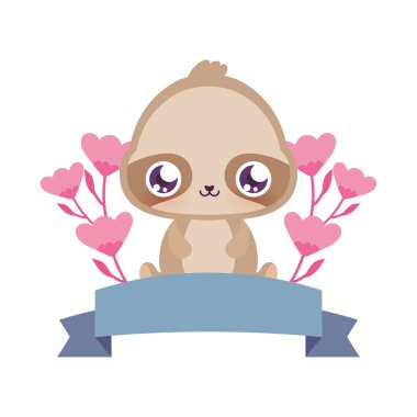 Çiçek vektör tasarımlı şirin tembel hayvan çizgi filmi