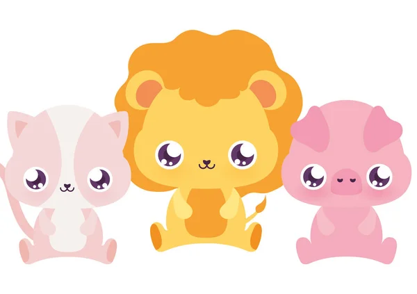 Kawaii gato león y cerdo dibujos animados vector de diseño — Vector de stock