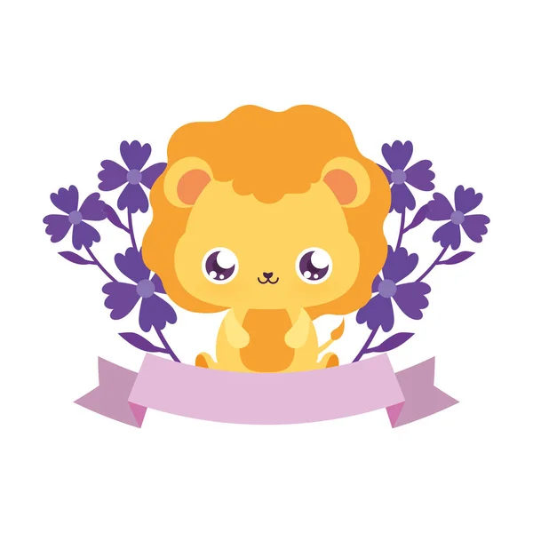 Bande dessinée de lion aigu avec dessin vectoriel de fleurs — Image vectorielle