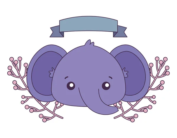 Kawaii Elefant Karikatur mit Blättern Kranz Vektor-Design — Stockvektor