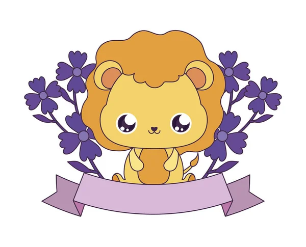 Kawaii lion cartoon with flowers and ribbon vector design — Stock Vector