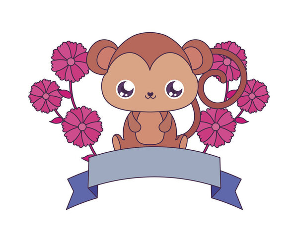 Kawaii monkey cartoon with flowers and ribbon vector design