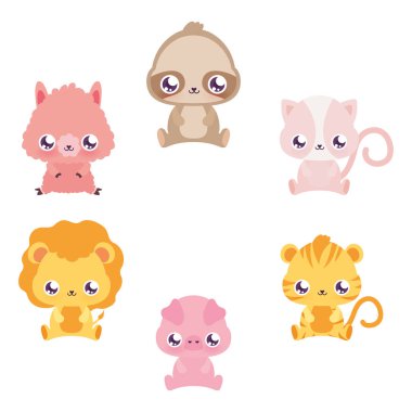 Şirin kawaii hayvanları vektör tasarımı.