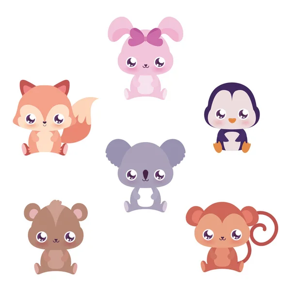 Animaux kawaii cutés Conception vectorielle de bandes dessinées — Image vectorielle