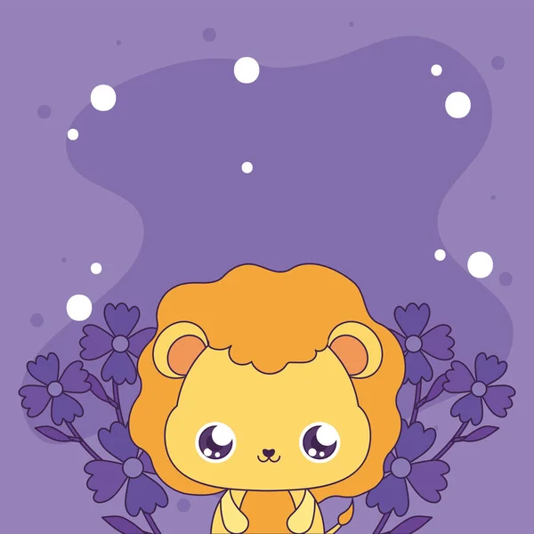 Bande dessinée de lion aigu avec dessin vectoriel de fleurs — Image vectorielle