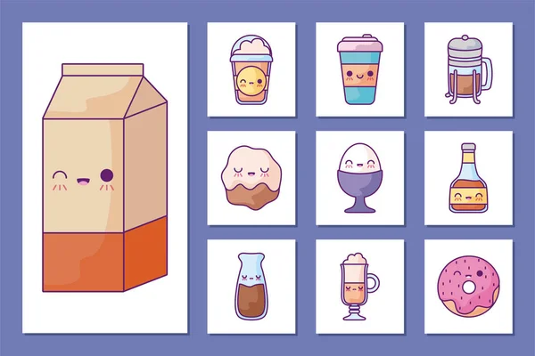 Desayuno y comida dibujos animados icono conjunto de diseño de vectores — Vector de stock
