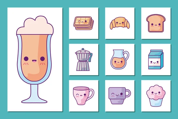 Breakfast and food cartoons icon set vector design — Stock Vector