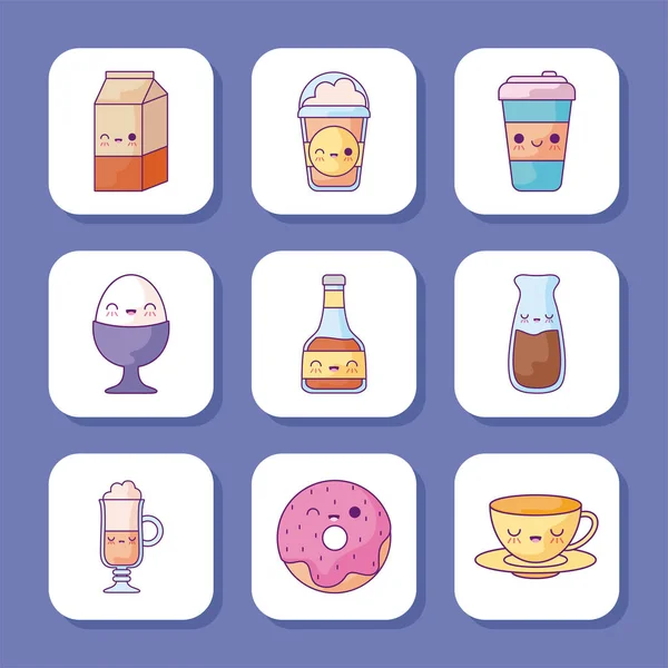Desayuno y comida dibujos animados icono conjunto de diseño de vectores — Vector de stock