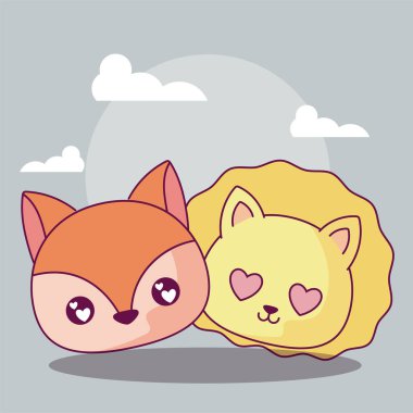kawaii aslan ve sincap çizgi film vektör tasarımı