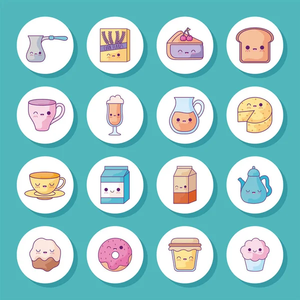 Breakfast and food cartoons icon set vector design — 스톡 벡터