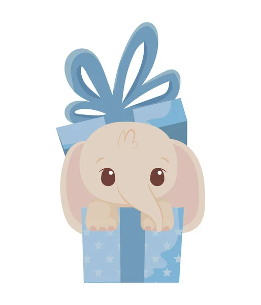 Lindo elefante de dibujos animados dentro de diseño de vectores de regalo — Vector de stock