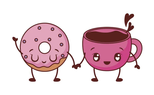 Kawaii donut y taza de café diseño de vectores de dibujos animados — Vector de stock
