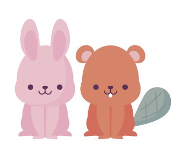 kawaii tavşan ve kunduz karikatür vektör tasarımı