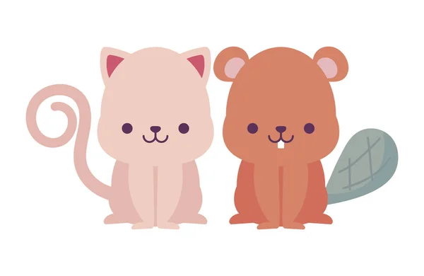Kawaii chat et castor dessins animés design vectoriel — Image vectorielle