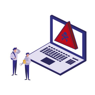 Laptop kafatası ve güvenlik sistemi vektör tasarımlı adamlar